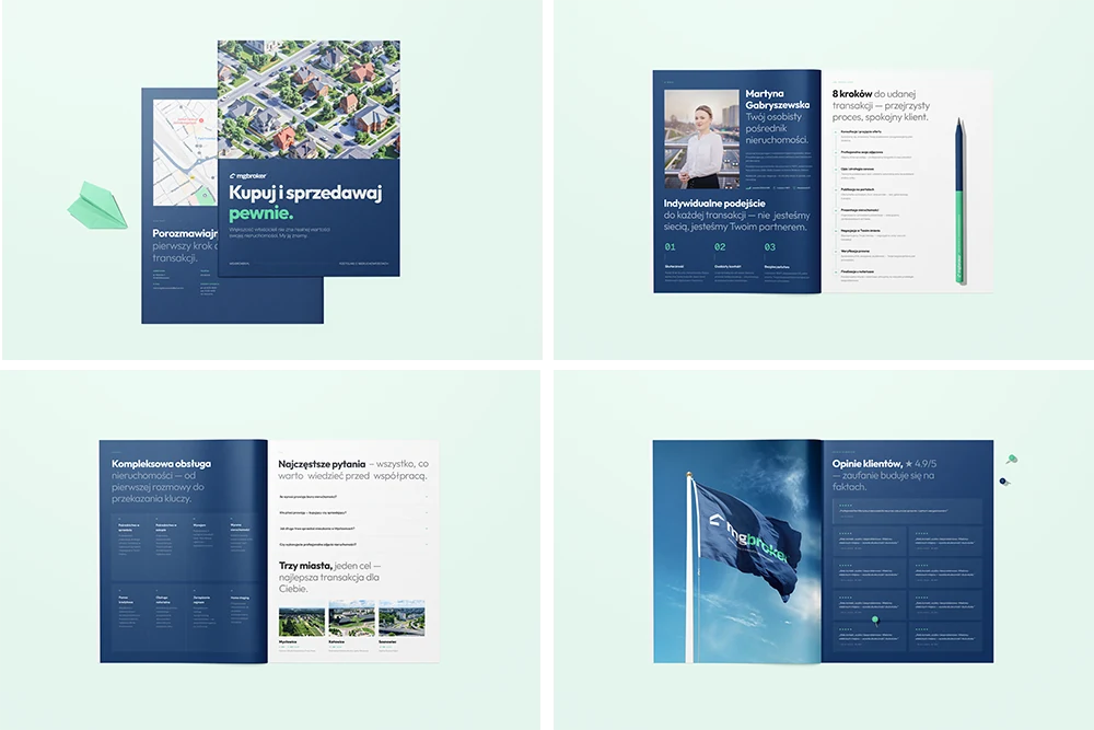 An 8.5×11 magazine spread used as a company brochure for MG Broker.