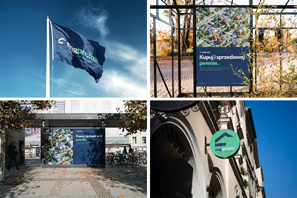 A flag, a round street signboard, an urban banner and a park poster, all in autumn city scenery.