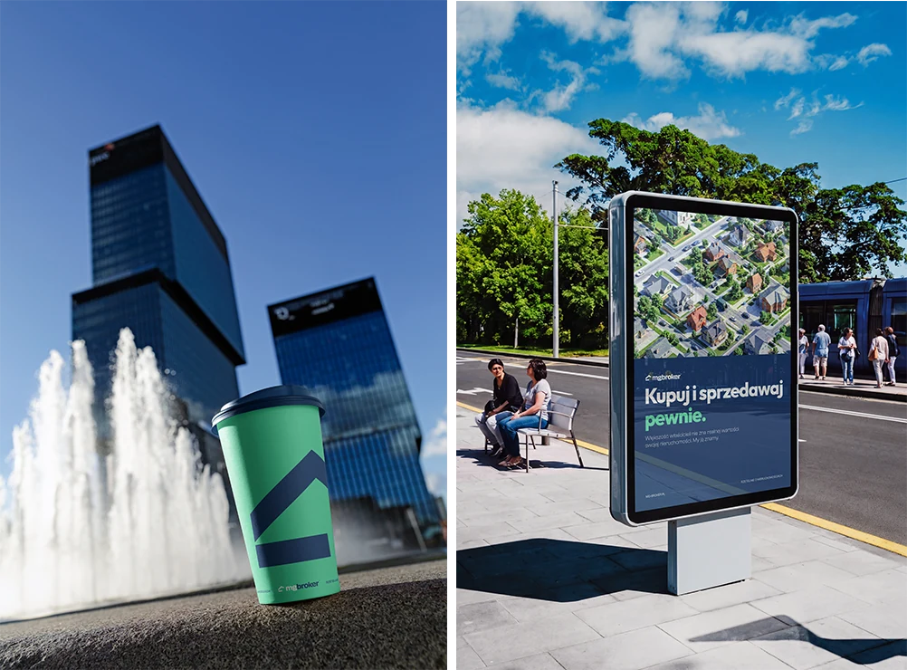 An outdoor billboard and the urban paper-cup mockup carrying the MG Broker brand.
