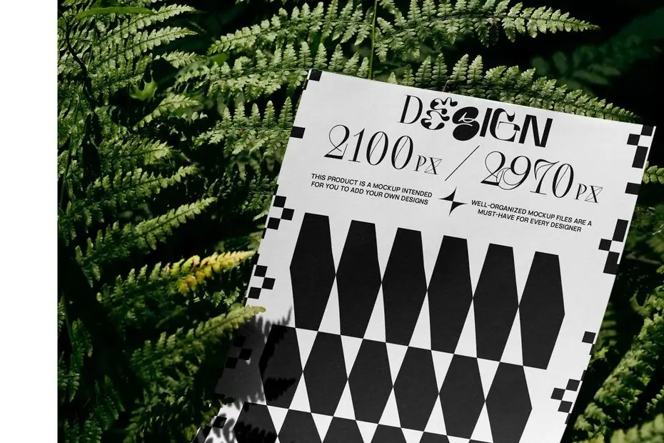 A printed poster with a black-and-white checkerboard test pattern resting on dark green ferns in hard daylight.